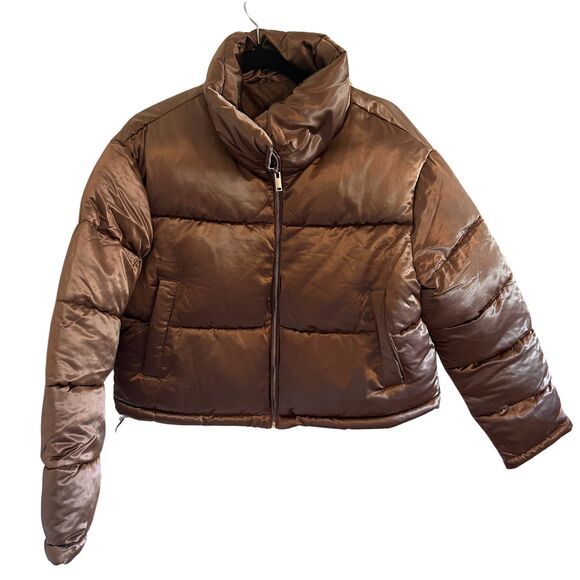 7 For All Mankind Bronze Metallic Cropped Puffer Jacket NWT Clean Girl L $198 - Picture 2 of 6